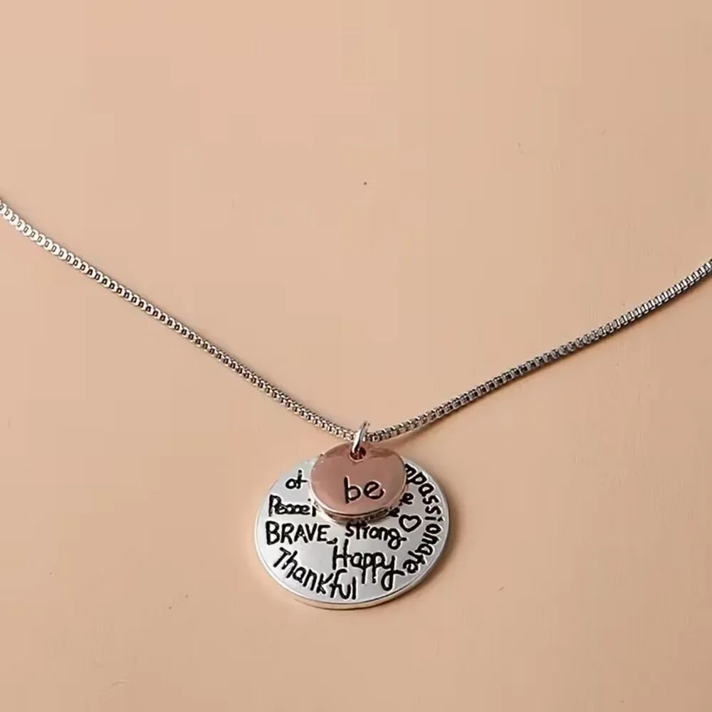 2-Tone Silver Inspiration Quote Pendant Necklace Etched Charm Brave Strong Happy